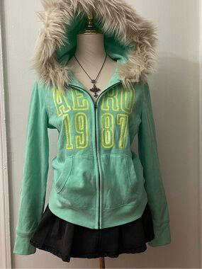 Aeropostale Mint Green Faux-Fur Hooded Zip Jacket with Yellow Graphic